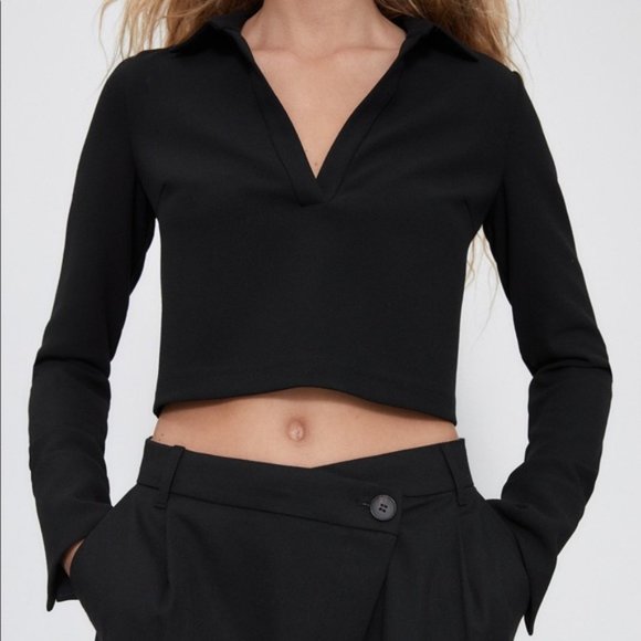 Zara | Tops | Nwt Zara Black Cropped Long Sleeve Polo Top With Collar |  Poshmark